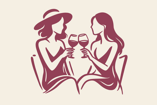 Women drinking wine doodle vector illustration with glasses and elegant hand drawn friends toast scene