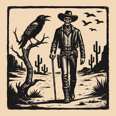 Skeleton cowboy desert doodle vector illustration with raven, cactus and hand drawn western skull scene © Saad Hassan