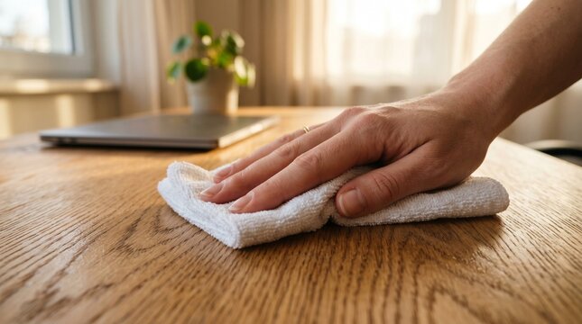 Meticulous Cleaning on Wooden Surface: A hand delicately wipes a wooden table with a soft, clean cloth, ensuring every inch is spotless and gleaming, showcasing the care and attention to detail.