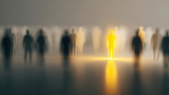 A lone figure stands out in a crowd of people walking towards the light indoors.