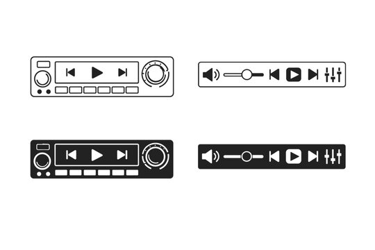 Car radio icon set featuring audio player panels in line and solid styles. Vector outline and silhouette symbols for vehicle music systems, dashboard interfaces, and multimedia controls.