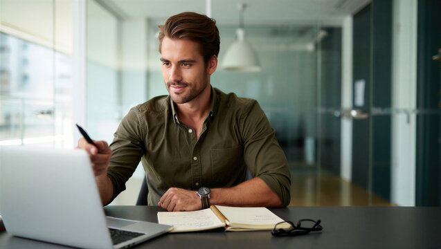 Happy latin hispanic young business man working on laptop computer in company office. Smiling European entrepreneur manager businessman using pc for communication, learning at workplace. Copy space