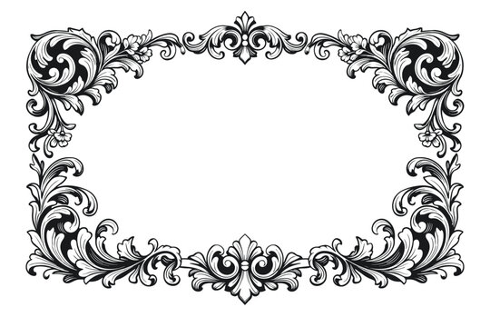 Elegant Ornate Floral Frame Illustration with Swirling Acanthus Leaves and Decorative Baroque Motifs. Intricate Black and White Vector Border for Invitations, Certificates, and Luxury Graphic Art.