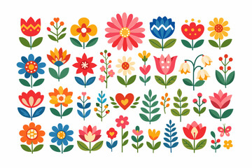 Fototapeta premium Set of Abstract Folk Style Floral Design Elements with Geometric Shapes, Colorful Flowers, Delicate Petals, and Green Leaves in Scandinavian Nordic Style for Decorative Patterns and Vector Art