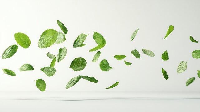 Green mint leaves flying, creating a fresh, aromatic, and natural culinary copy with space background