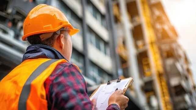 Construction Site Oversight: An engineer reviews blueprints at a construction site, ensuring meticulous project management amidst the towering new building.