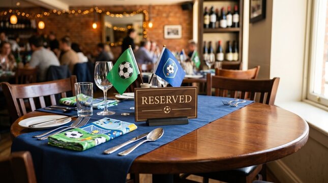 An elegantly set table in a restaurant reserved for a special occasion, with charming soccer-themed decorations. The table setting with a 'reserved' sign, invites to a pleasant dining experience