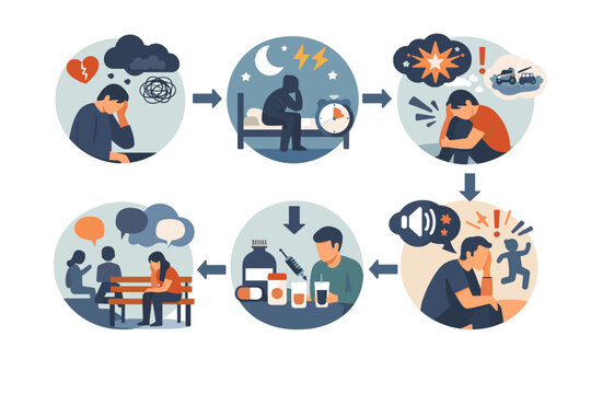 PTSD Post-Traumatic Stress Disorder Symptoms Infographic with 6 Steps: Negative Thoughts, Insomnia, Flashbacks, Hyperarousal, Substance Abuse, and Social Isolation. Mental Health Vector Illustration.
