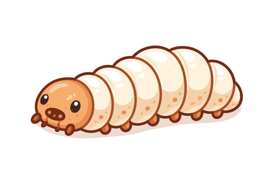 Cute cartoon larva illustration of a pest maggot or caterpillar with a segmented white body and tan head, isolated on a white background for nature, education, or pest control vector design.