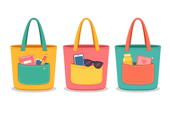 Set of three vibrant tote bags in yellow, pink, and teal with contrasting handles and front pockets filled with daily essentials like a smartphone, sunglasses, notebook, pen, and water bottle.