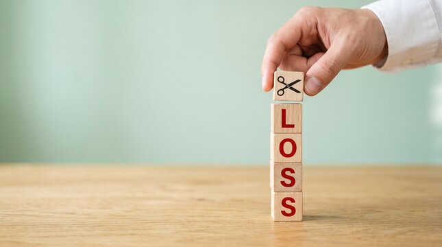 Cutting Loss: A hand delicately places a scissors block atop a stack of blocks spelling out LOSS, symbolizing the strategic reduction of setbacks and risks for success.
