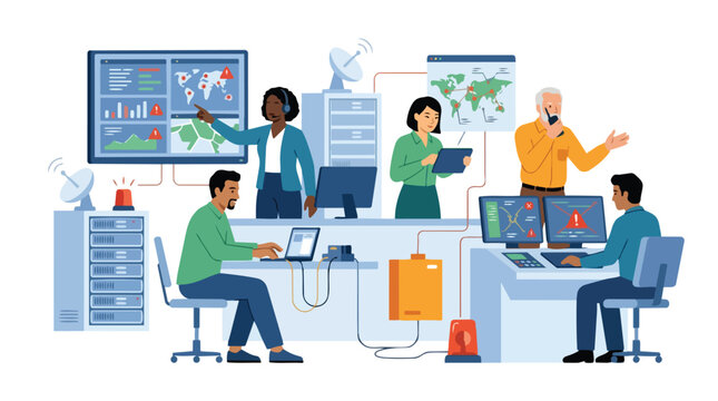 Vector illustration of a diverse team of telecom workers monitoring global network operations and data analytics in a high-tech control room with servers and satellite equipment