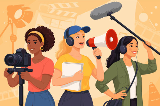 Diverse Women Film Crew Working on Movie Set with Camera, Megaphone, and Boom Mic, Female Empowerment in Cinema and Media Production, Simple Flat Vector Illustration for Creative Industry.