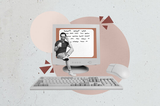 Creative collage of professional student working office laptop pencil notebooks symbolizing education creative professions