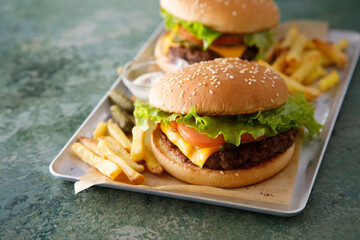 Homemade cheeseburgers with fries © marysckin