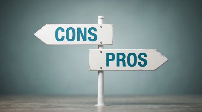Pros and Cons Signpost: A directional sign displays Pros and Cons with arrows, offering a visual metaphor for decision-making and choices. The scene sparks contemplation about weighing options.