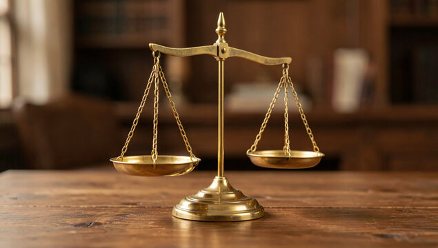 Golden Scales of Justice on Wooden Desk