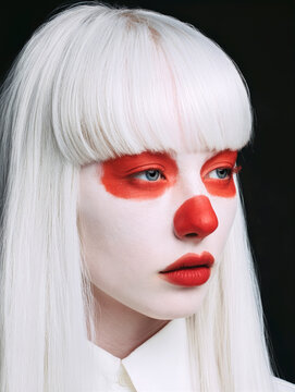 Portrait of a young goth woman with white hair and shirt, and clown makeup 