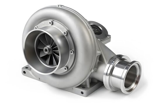 Automotive turbocharger on white background with car part air intake turbocharger automotive performance mechanical machinery engineering compressor equipment industrial horsepower