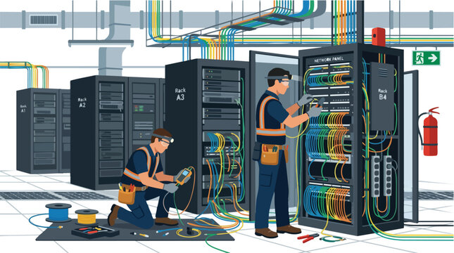 Professional diverse telecom workers maintaining server racks and network panels in a modern data center facility with colorful fiber optic cables and technical equipment