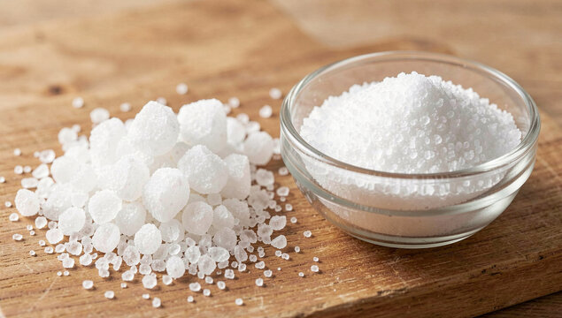 Glass bowl of white sea salt with scattered grains on wooden surface