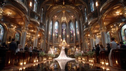 Obraz premium Ornate church interior preparing for an elegant wedding ceremony, offering a romantic setting and spiritual