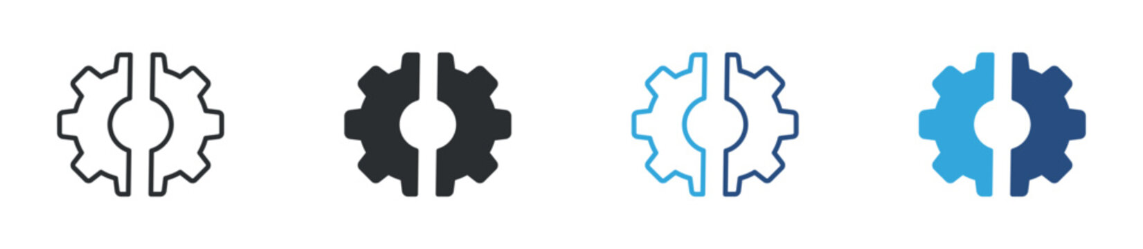 Settings gear icon set. Configuration and control symbol. System adjustment and process management icons, vector illustration.