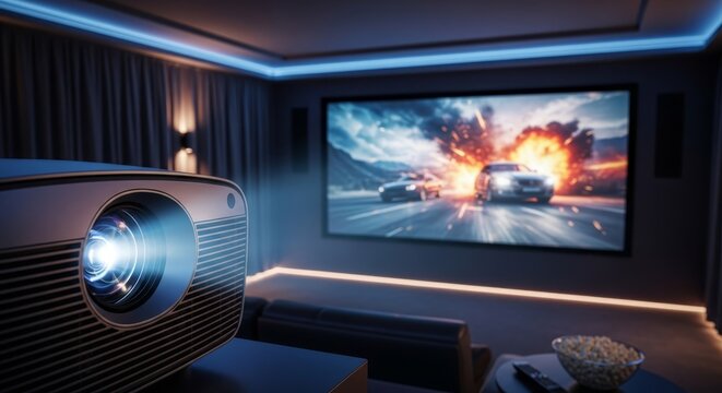 Home Cinema Projector Displaying Action Movie Scene