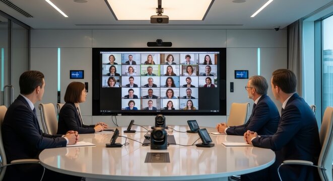 Hybrid conference meeting with video calls displayed on large screen