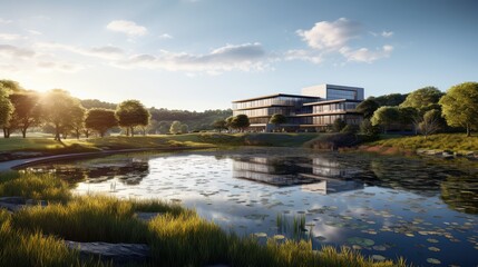 Fototapeta premium Modern building reflecting in peaceful pond at sunset
