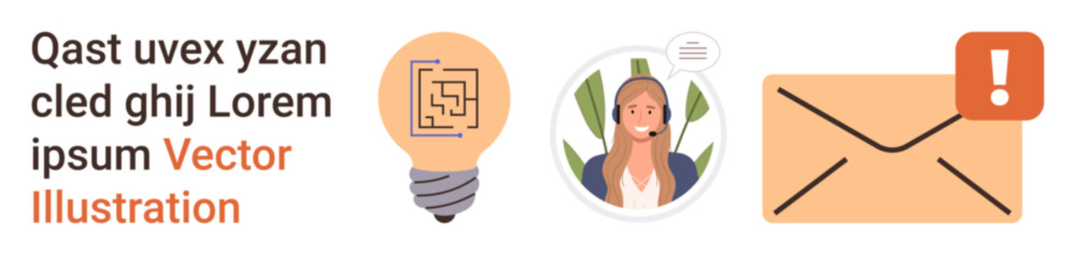 Customer support, online communication, email alerts, messaging systems, service notifications, technical assistance. Lightbulb, female operator envelope icon. Customer support and online