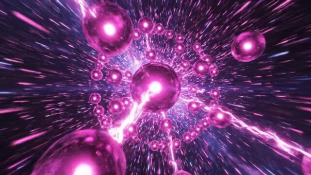 Abstract futuristic space travel through hyperspace with bright pink glowing orbs and energy beams