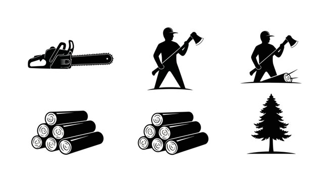 Lumberjack and forestry icons including chainsaw, axe, logs, and tree