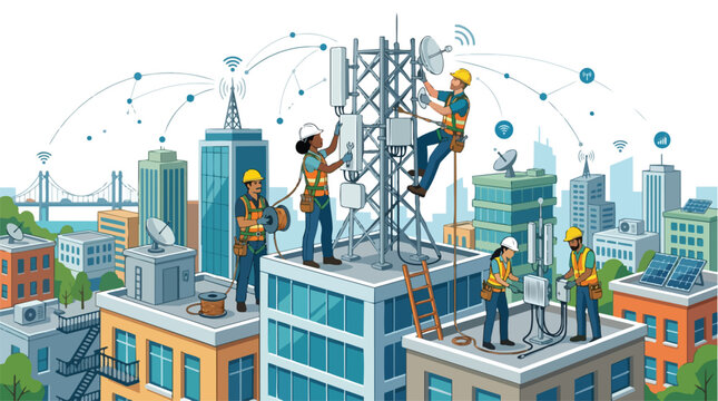 Diverse team of professional telecom workers installing and maintaining telecommunication towers and antennas on urban city rooftops to provide high speed internet connectivity
