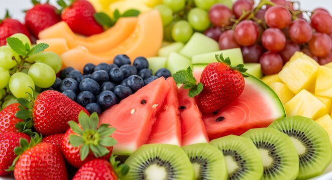 Vibrant mixed fruit platter with strawberries, blueberries, kiwi, watermelon, grapes, melon and pineapple arranged beautifully on a serving tray, perfect for summer parties, healthy snacking and color