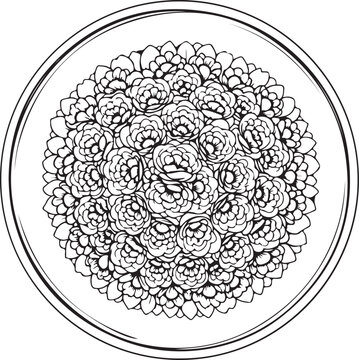 Floral mandala design, black and white, vector illustration, circular pattern