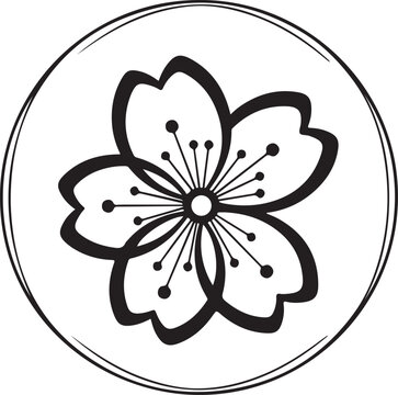 Cherry Blossom, Floral Icon, Black and White Vector, Circular Design, Minimalist Style