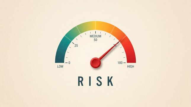 Risk Meter: A close-up view of a risk meter, featuring a needle pointing towards the Medium zone, a visual representation of risk assessment and management.