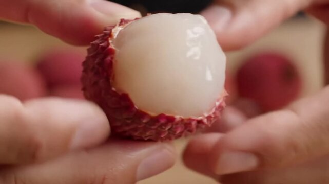 Fresh lychee fruit being peeled by hand, close up of juicy white lychee pulp and red skin, organic tropical fruit for healthy eating