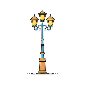 Ornate three-headed street lamp post with vintage glowing lanterns in a park setting