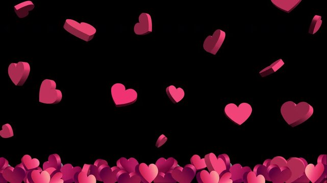 Seamless 3D red hearts flying up from static pile at the bottom. Like fountain rotating in space overlay on transparent background for romantic Valentines Day, wedding and social media stream reaction