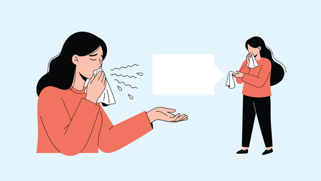 Woman sneezing into a tissue, with wavy lines indicating expelled particles and a thought bubble, symbolizing common cold, flu, or allergy symptoms.
