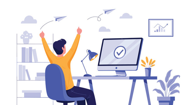 Happy man celebrating a successful task completion at his desk with a computer displaying a checkmark, symbolizing achievement and productivity.