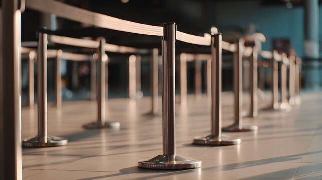 Queue barrier stanchions in empty indoor space with perspective view.