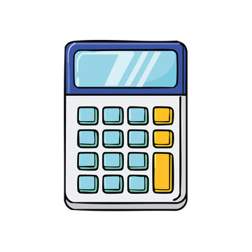 Digital calculator with blue and white casing and yellow buttons for basic math calculations