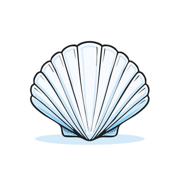 Stylized Illustration of a Large, Open White Scallop Shell with Blue Accents