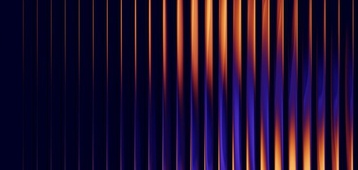 Horizontal glossy glass lines with orange and blue neon on dark background. Abstract background.