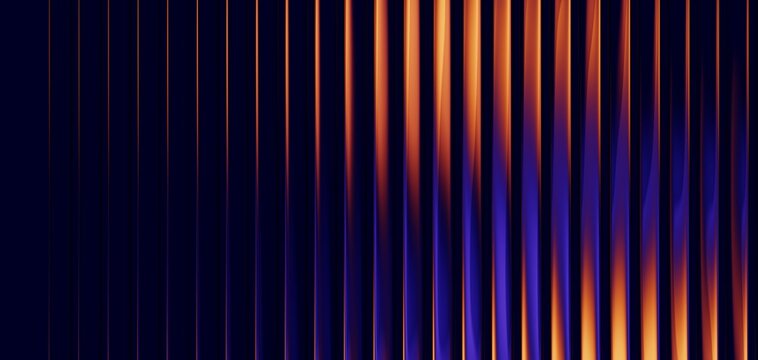 Horizontal glossy glass lines with orange and blue neon on dark background. Abstract background.