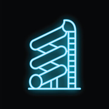 Glowing neon icon of waterpark attraction, a waterslide with stairs, isolated on black background