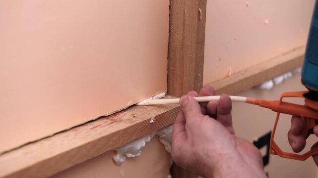 Applying thermal insulation foam with a gun. Using polyurethane foam along wall joints. Expanding the material. Sealing joints and soundproofing walls. Interior renovation. Close-up. Copy space.